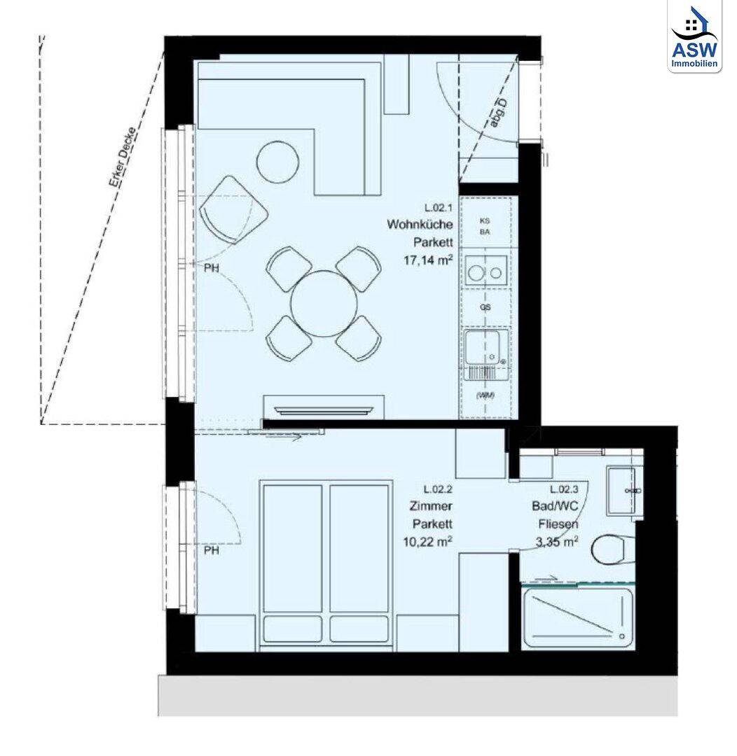 Grundriss einer modernen Wohnung mit offenem Wohnbereich, Schlafzimmer und Bad.