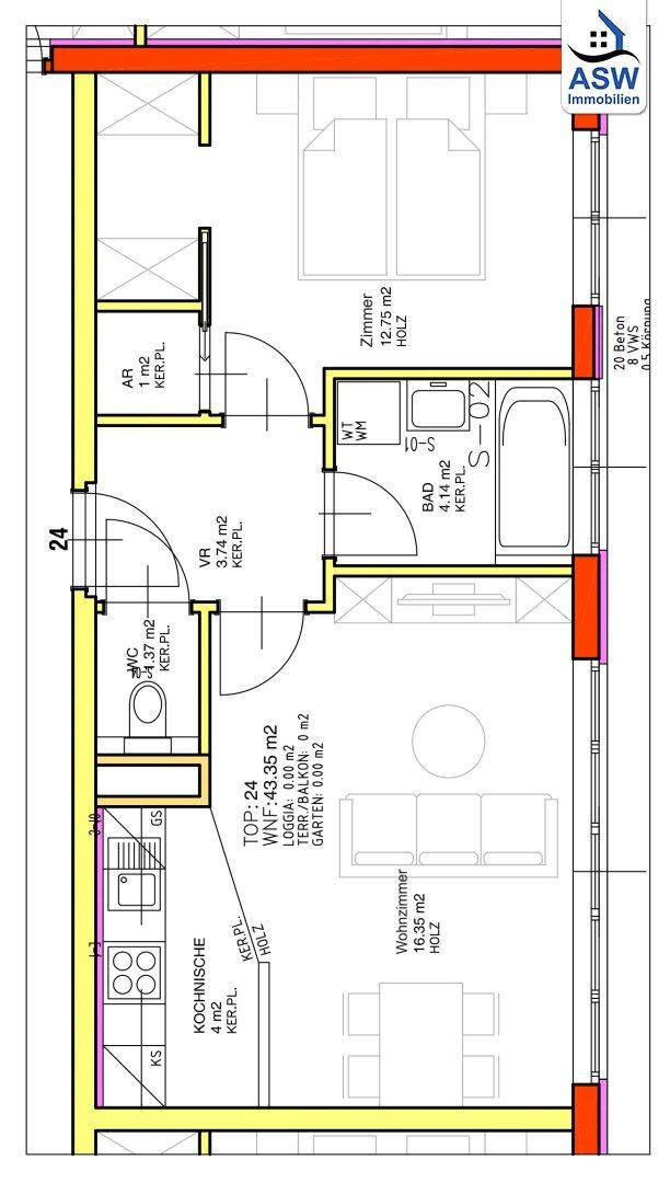 Grundriss einer Wohnung mit offenem Wohnbereich, Kochnische, einem Schlafzimmer und Balkonzugang.