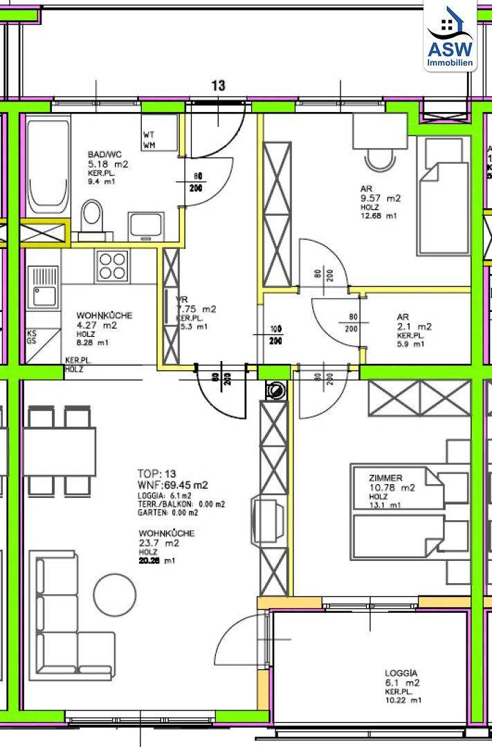 Detaillierter Grundriss der Wohnung mit Wohnküche, Zimmern und Loggia.