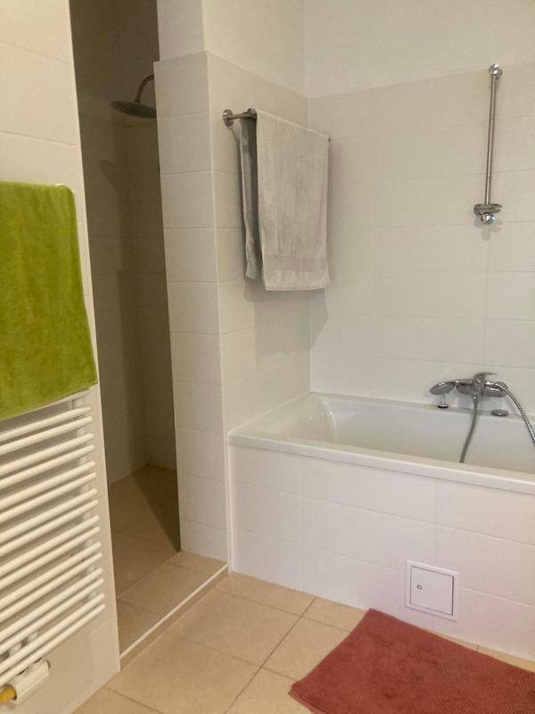 Modernes Badezimmer mit Badewanne, begehbarer Dusche und beheiztem Handtuchhalter.