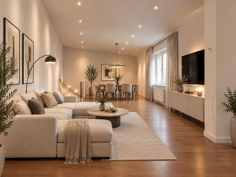 Modern eingerichteter Wohn- und Essbereich mit Holzboden, gemütlichem Sofa und Esstisch.