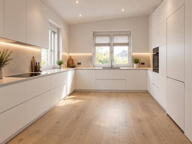 Helle, moderne Küche mit weißen Schränken, Holzboden und viel natürlichem Licht.