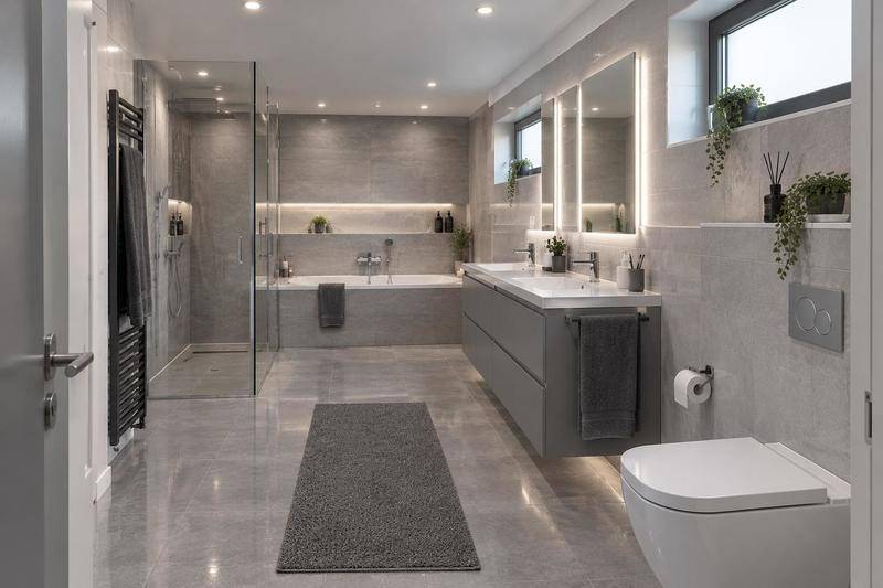 Modernes Badezimmer mit grauen Fliesen, Doppelwaschbecken, Badewanne und begehbarer Dusche.