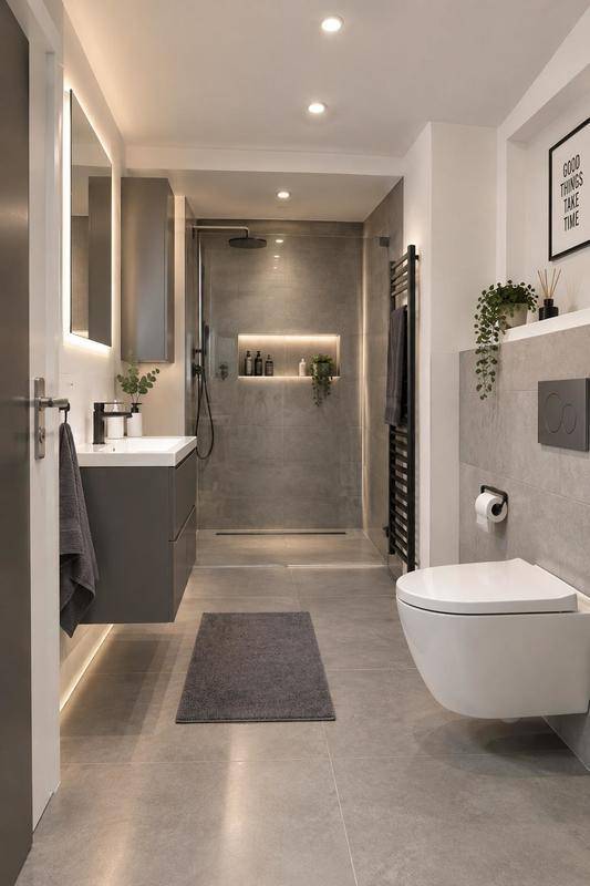 Modernes Badezimmer mit grauen Fliesen, wandmontierter Toilette und begehbarer Dusche.