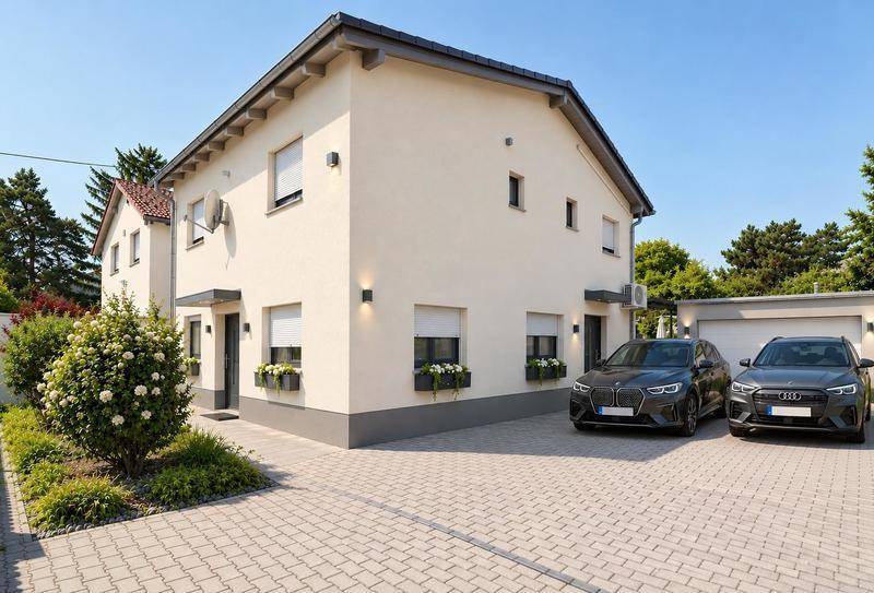Modernisiertes Einfamilienhaus mit Rollläden, gepflasterter Auffahrt und zwei geparkten Autos.