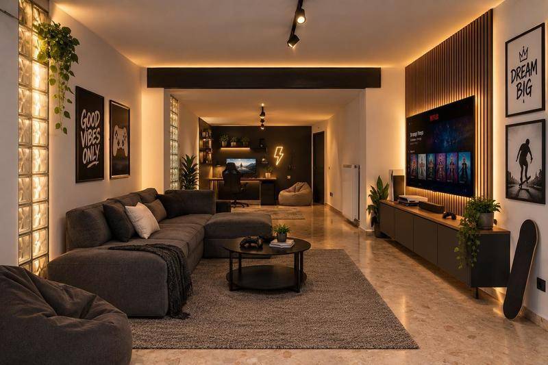 Modernes Wohnzimmer mit großem Sofa, TV-Bereich und integriertem Arbeitsbereich im Hintergrund.