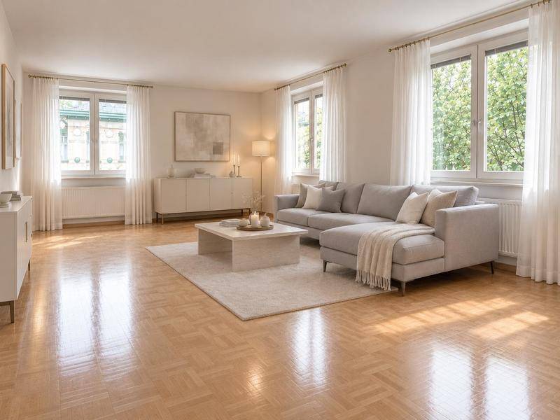 Modernes Wohnzimmer mit großem Ecksofa, Parkettboden und viel Tageslicht durch zwei Fenster.