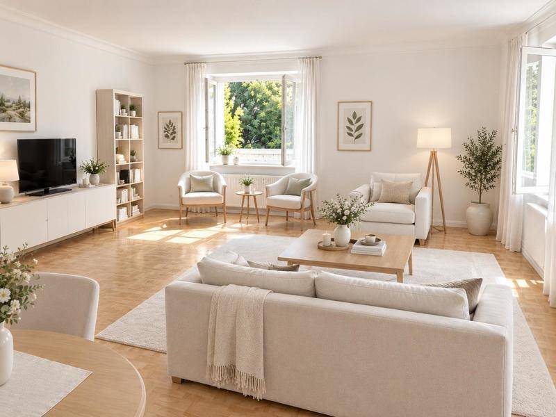 Helles Wohnzimmer mit modernem Mobiliar, Parkettboden und Blick ins Grüne.