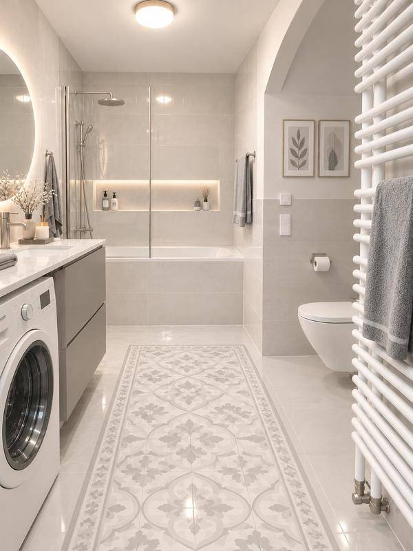 Modernes Badezimmer mit hellgrauen Fliesen, Dusche, Badewanne und beheiztem Handtuchhalter.