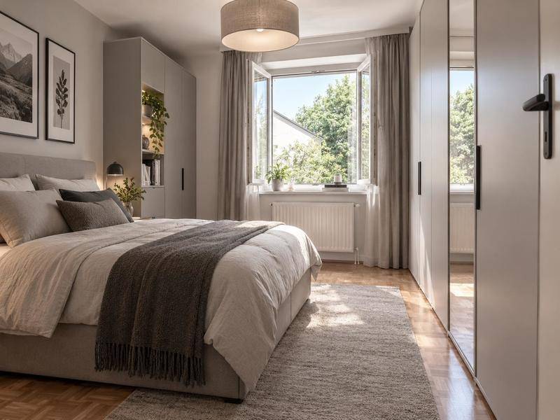 Modernes Schlafzimmer mit Doppelbett, Kleiderschrank und Blick ins Grüne.