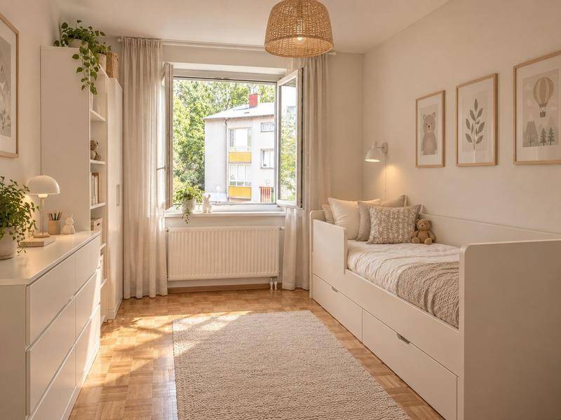 Freundliches Kinderzimmer mit Bett, Kommode und Blick ins Grüne.