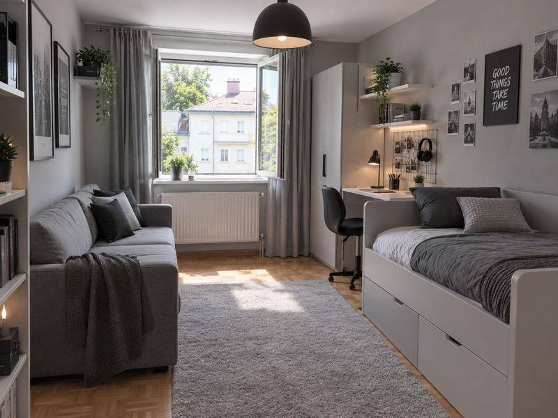 Modern eingerichtetes Zimmer mit Bett, Sofa, Schreibtisch und Blick ins Grüne.