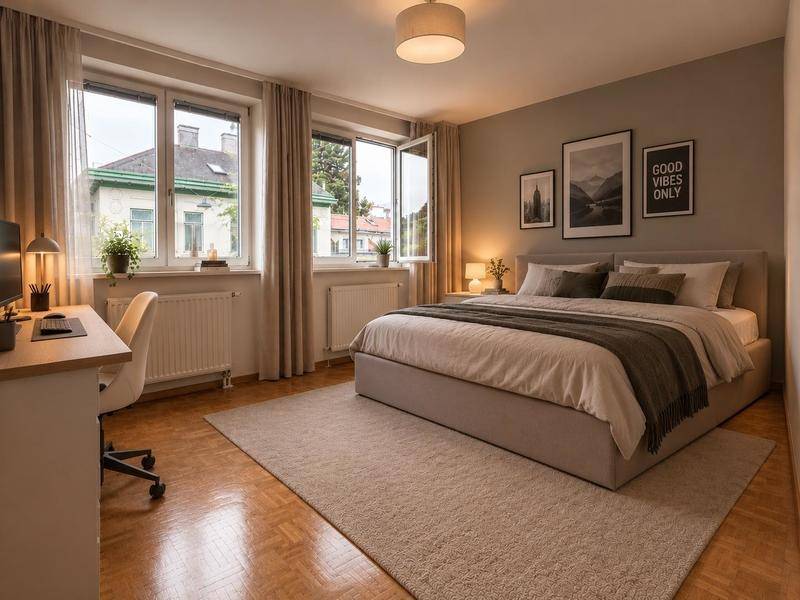 Gemütliches Schlafzimmer mit Doppelbett, Schreibtisch und Blick auf die Nachbarschaft.