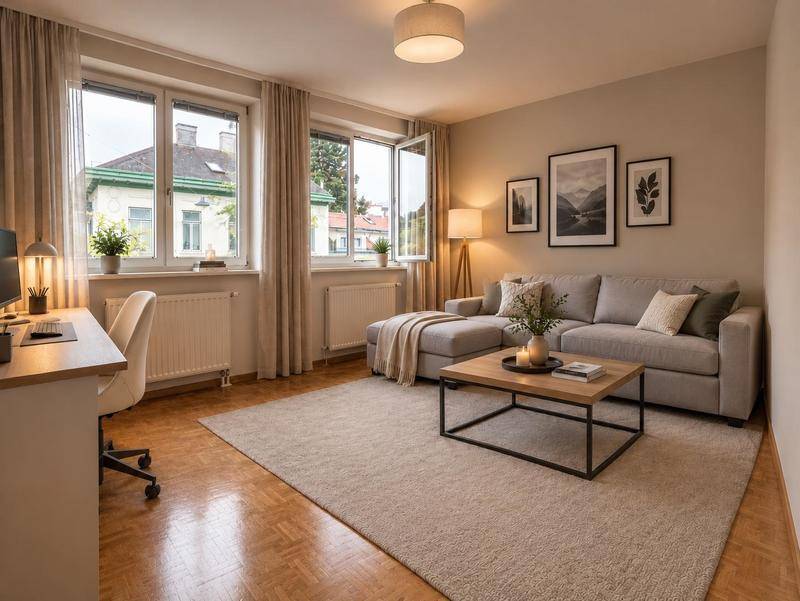 Helles Wohnzimmer mit Sofa, Schreibtisch und Blick auf die umliegenden Gebäude.