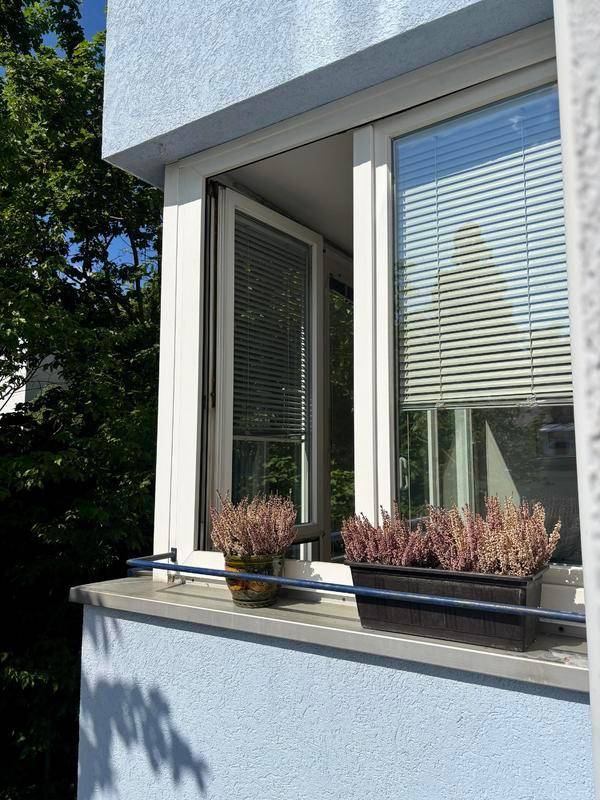 Außenansicht eines Fensters mit Jalousien und Blumenkästen an der Fassade.