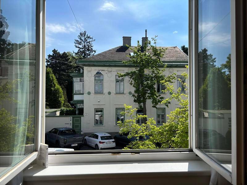 Weitblick aus dem Fenster auf ein historisches Gebäude, Bäume und parkende Autos.
