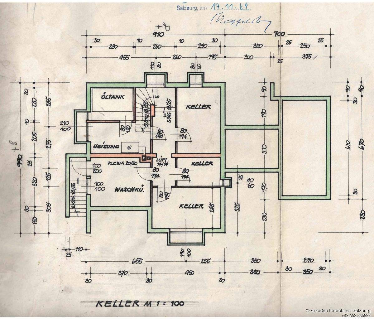 Grundriss des Kellers mit Heizungsraum, Öltank und mehreren Abstellräumen.