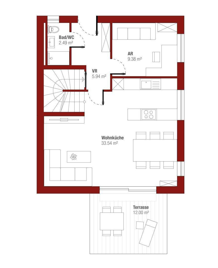 Grundriss des Erdgeschosses mit offener Wohnküche, Terrasse und Gäste-WC.