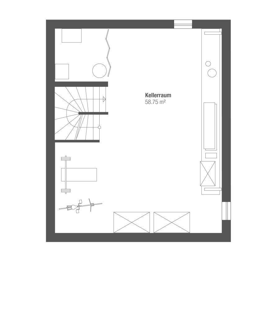 Grundriss des Kellergeschosses mit großem Kellerraum und Treppenaufgang.