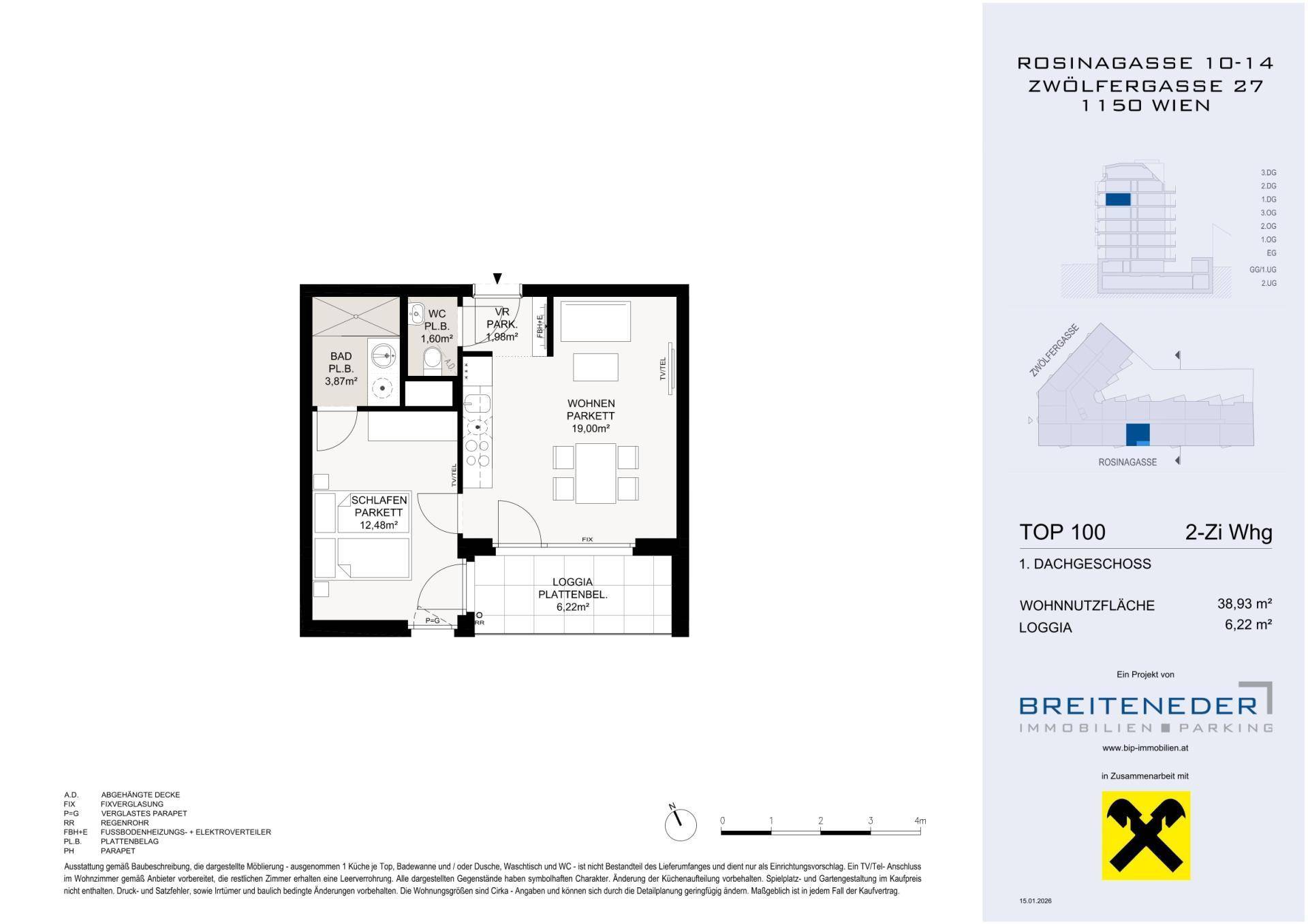 Grundriss einer 2-Zimmer-Wohnung mit offenem Wohnbereich, Schlafzimmer, Bad und Loggia.