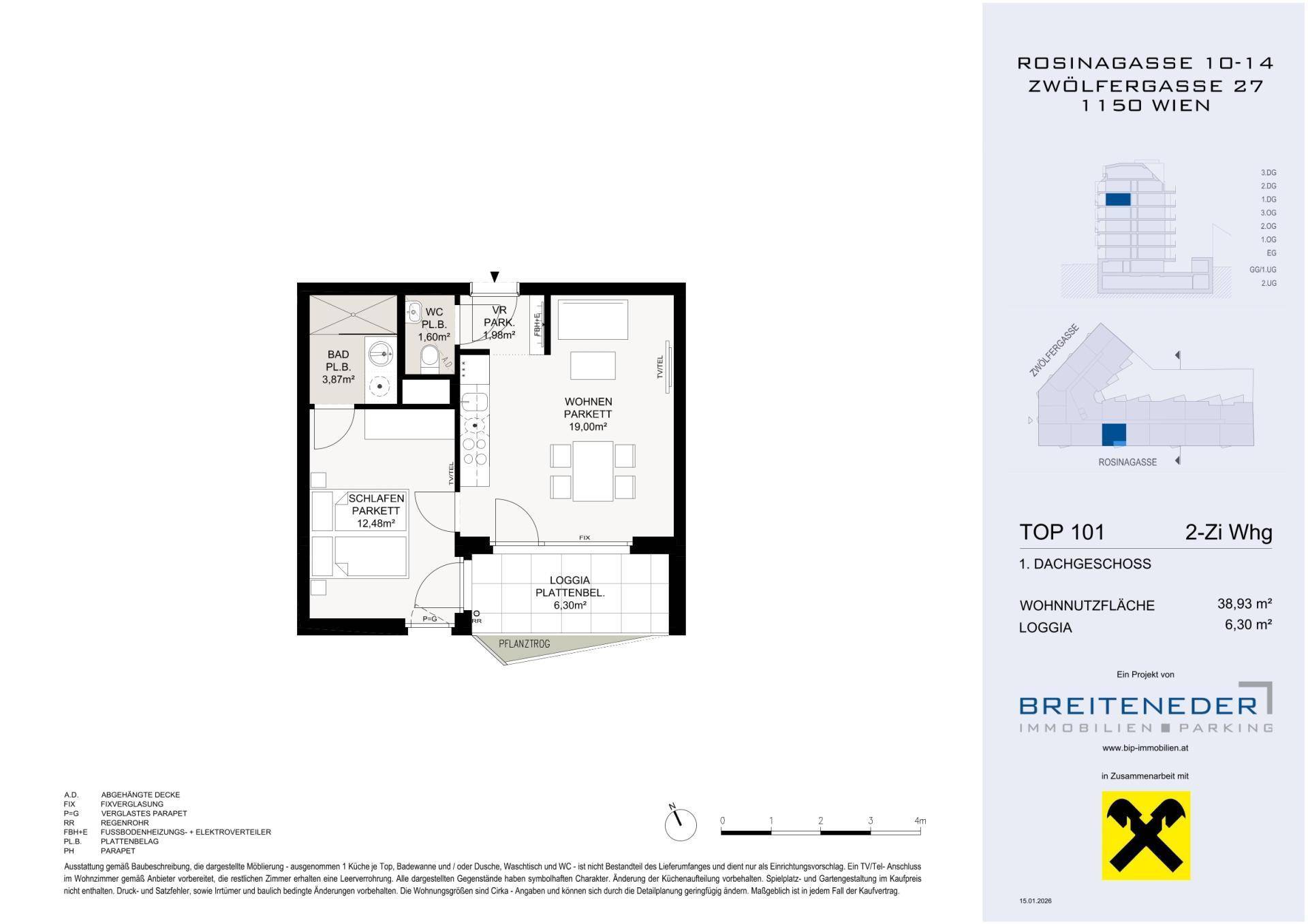Grundriss einer Wohnung mit Schlafzimmer, Bad, separatem WC, Wohnbereich und Loggia.