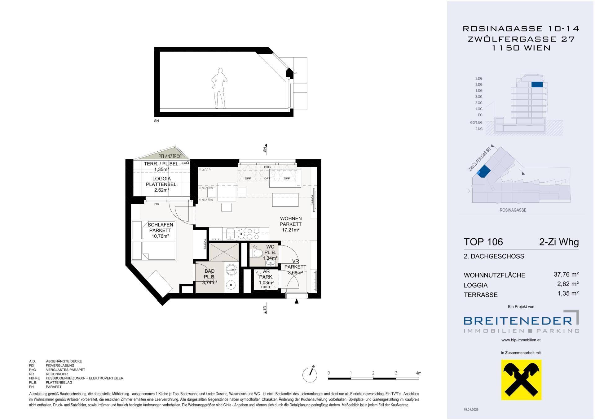 Grundriss einer 2-Zimmer-Wohnung im Dachgeschoss mit Loggia und Terrasse.