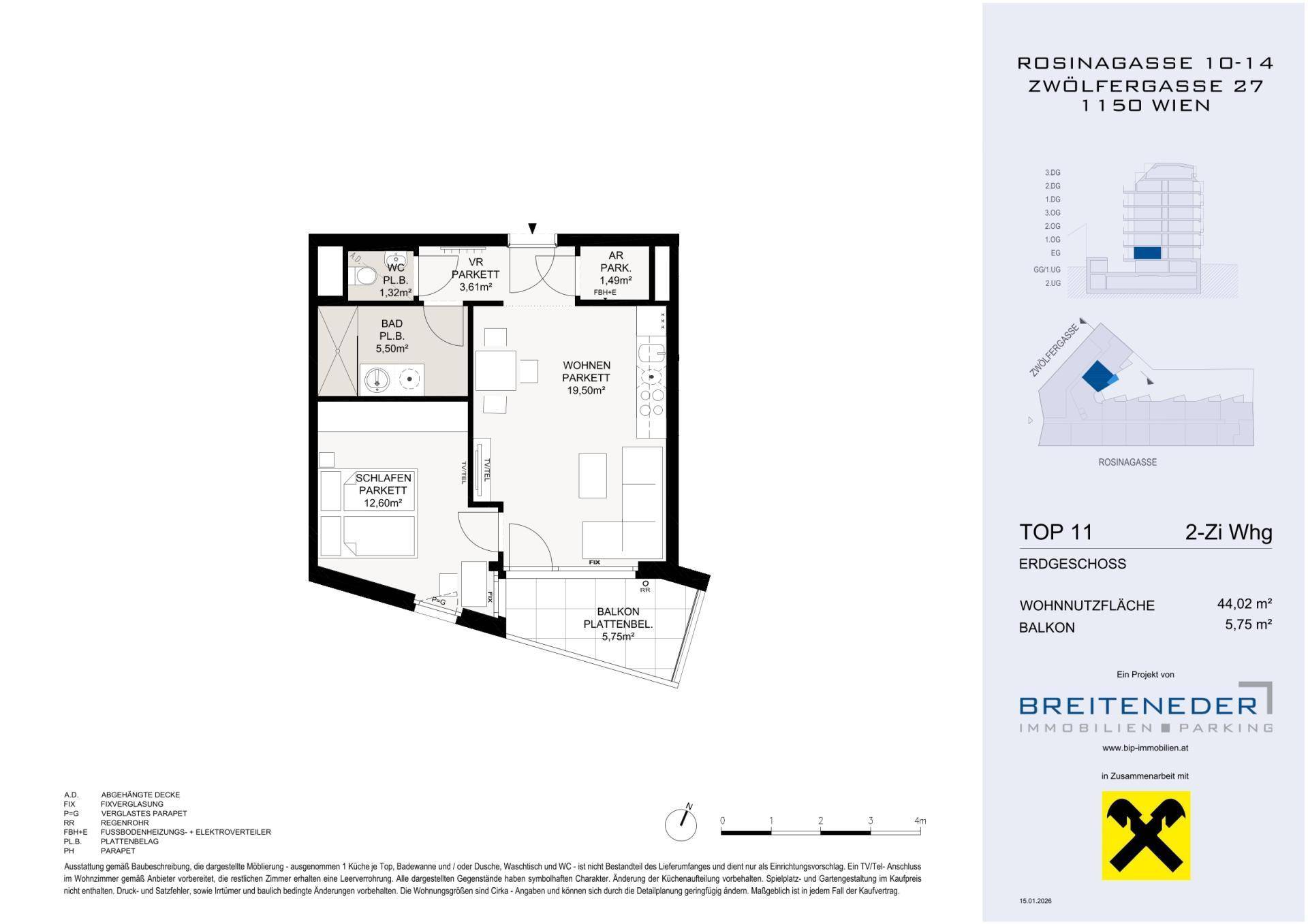 Grundriss einer 2-Zimmer-Wohnung im Erdgeschoss mit offenem Wohnbereich, Schlafzimmer und Balkon.