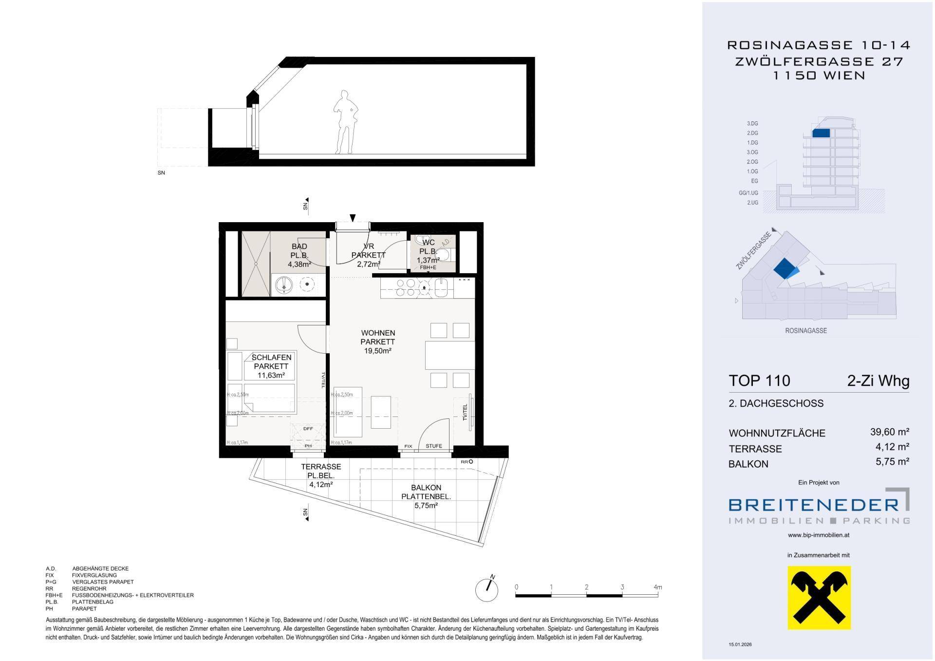 Grundriss einer 2-Zimmer-Wohnung im Dachgeschoss mit Terrasse, Balkon und offenem Wohnbereich.