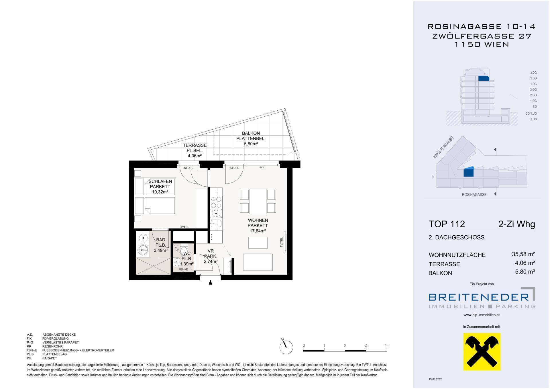 Grundriss einer Dachgeschosswohnung mit einem Schlafzimmer, offenem Wohnbereich, Terrasse und Balkon.