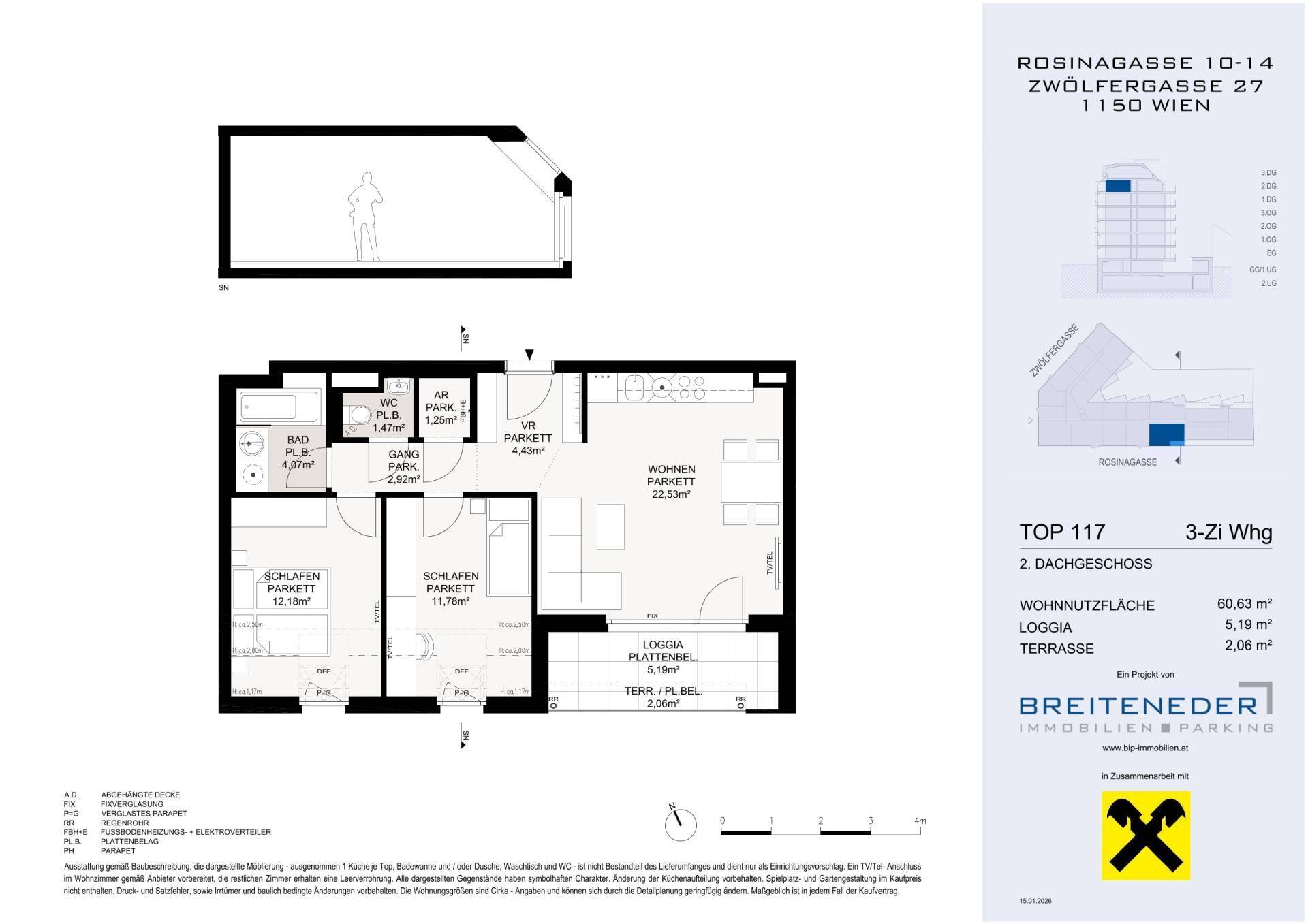 Grundriss einer Dachgeschosswohnung mit zwei Schlafzimmern, Loggia und Terrasse.
