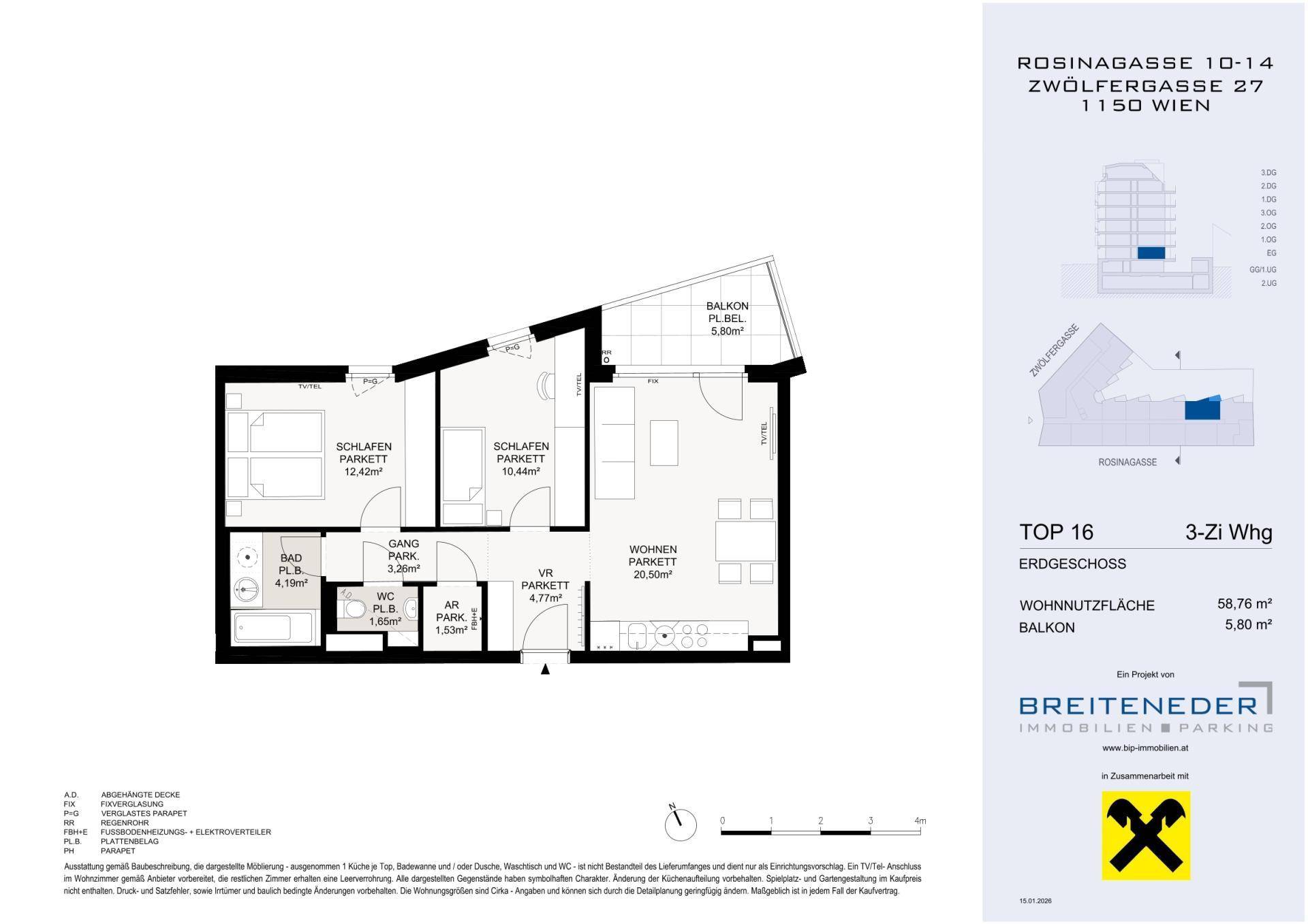 Grundriss einer 3-Zimmer-Wohnung im Erdgeschoss mit Balkon und offenem Wohnbereich.