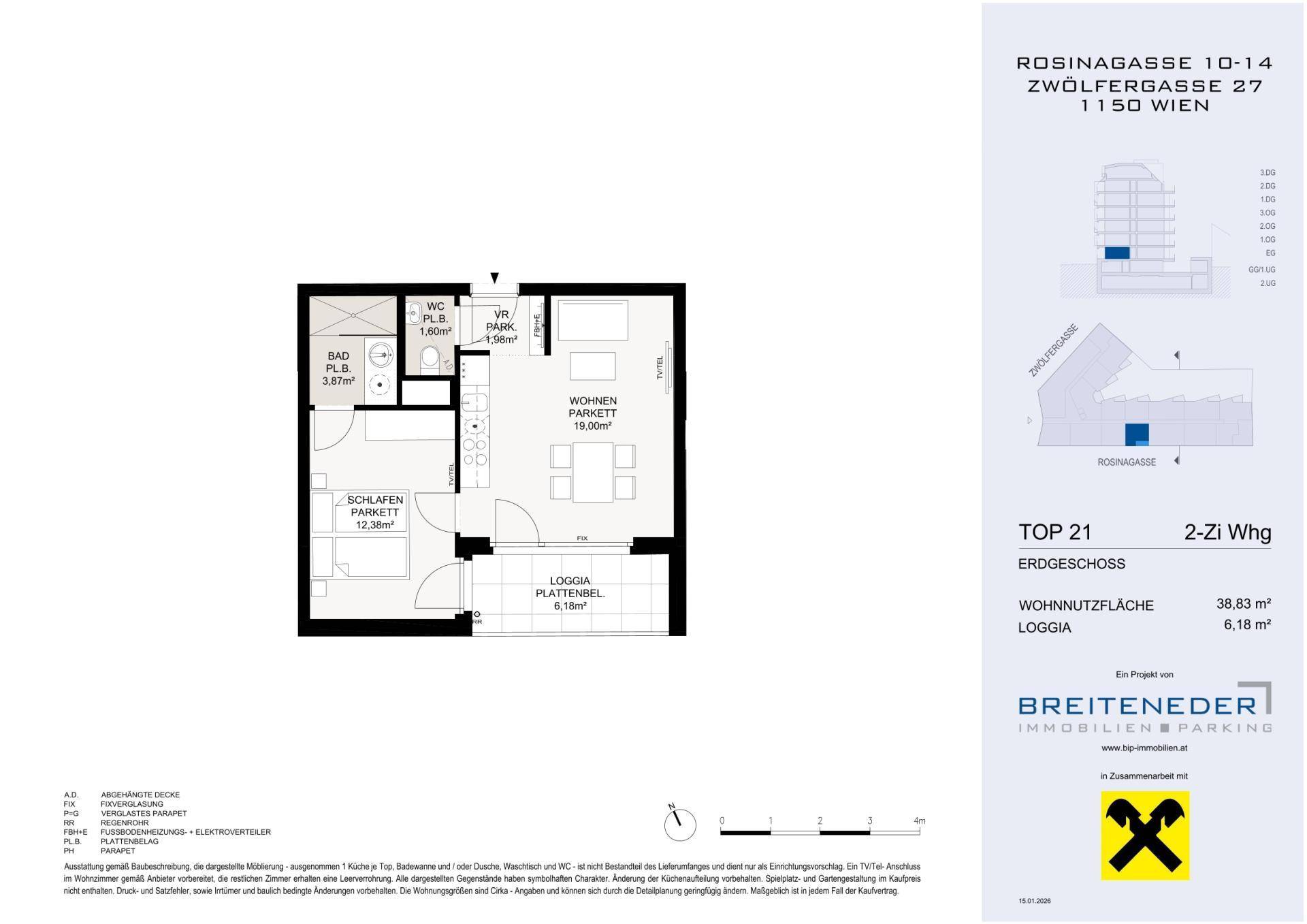 Grundriss einer 2-Zimmer-Wohnung mit offenem Wohnbereich, Schlafzimmer, Bad, WC und Loggia.