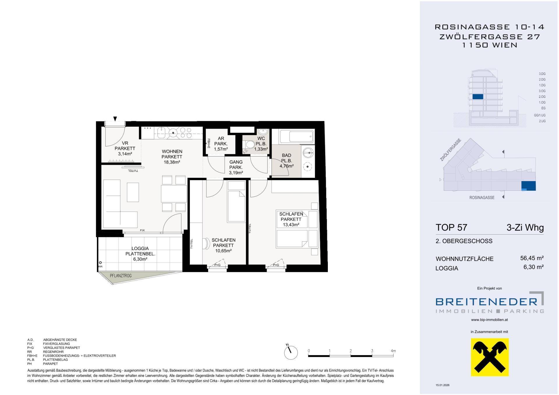 Grundriss einer 3-Zimmer-Wohnung mit Loggia, separatem WC und offenem Wohnbereich im 2. Obergeschoss.