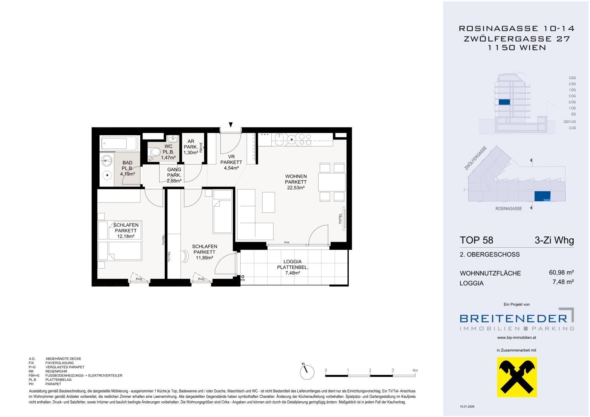 Grundriss einer 3-Zimmer-Wohnung mit Loggia und offenem Wohn-, Ess- und Kochbereich.