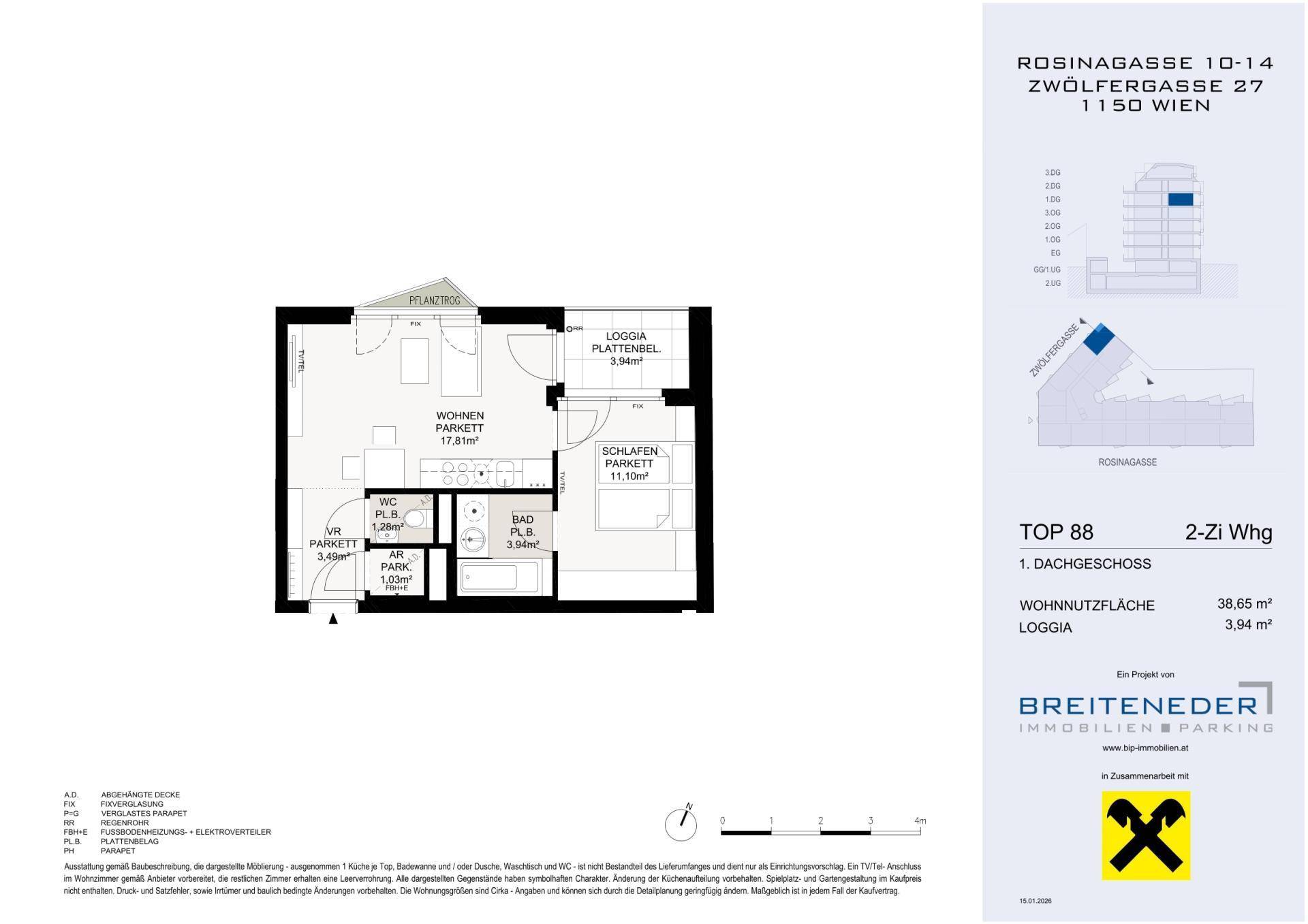 Grundriss einer 2-Zimmer-Wohnung mit Loggia, separatem WC und Parkettböden in den Wohnbereichen.