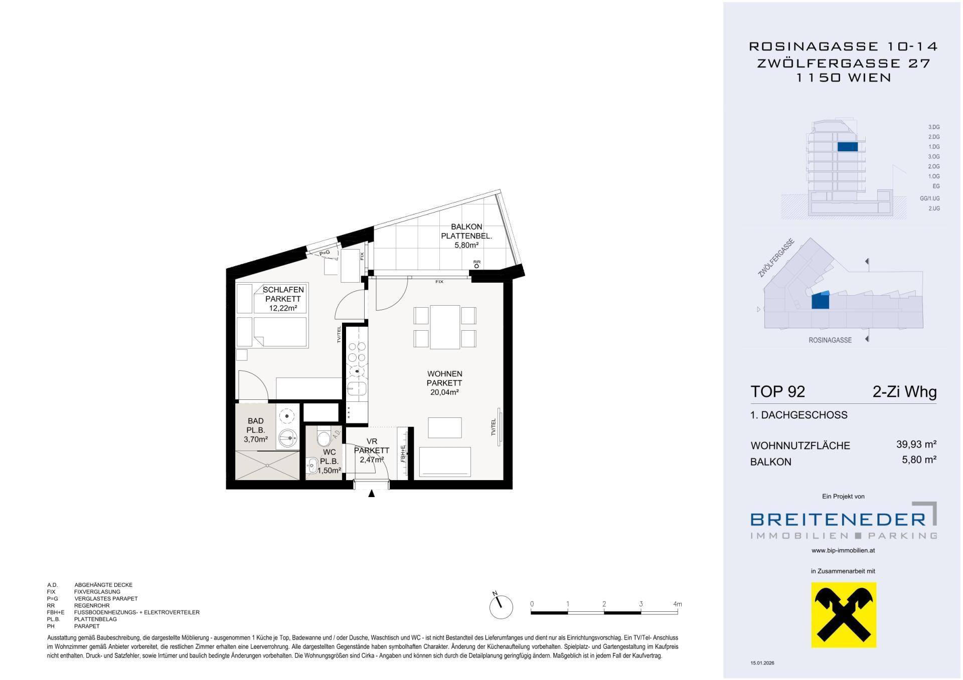 Grundriss einer Dachgeschosswohnung mit Wohn-Essbereich, Schlafzimmer, Bad, separatem WC und Balkon.