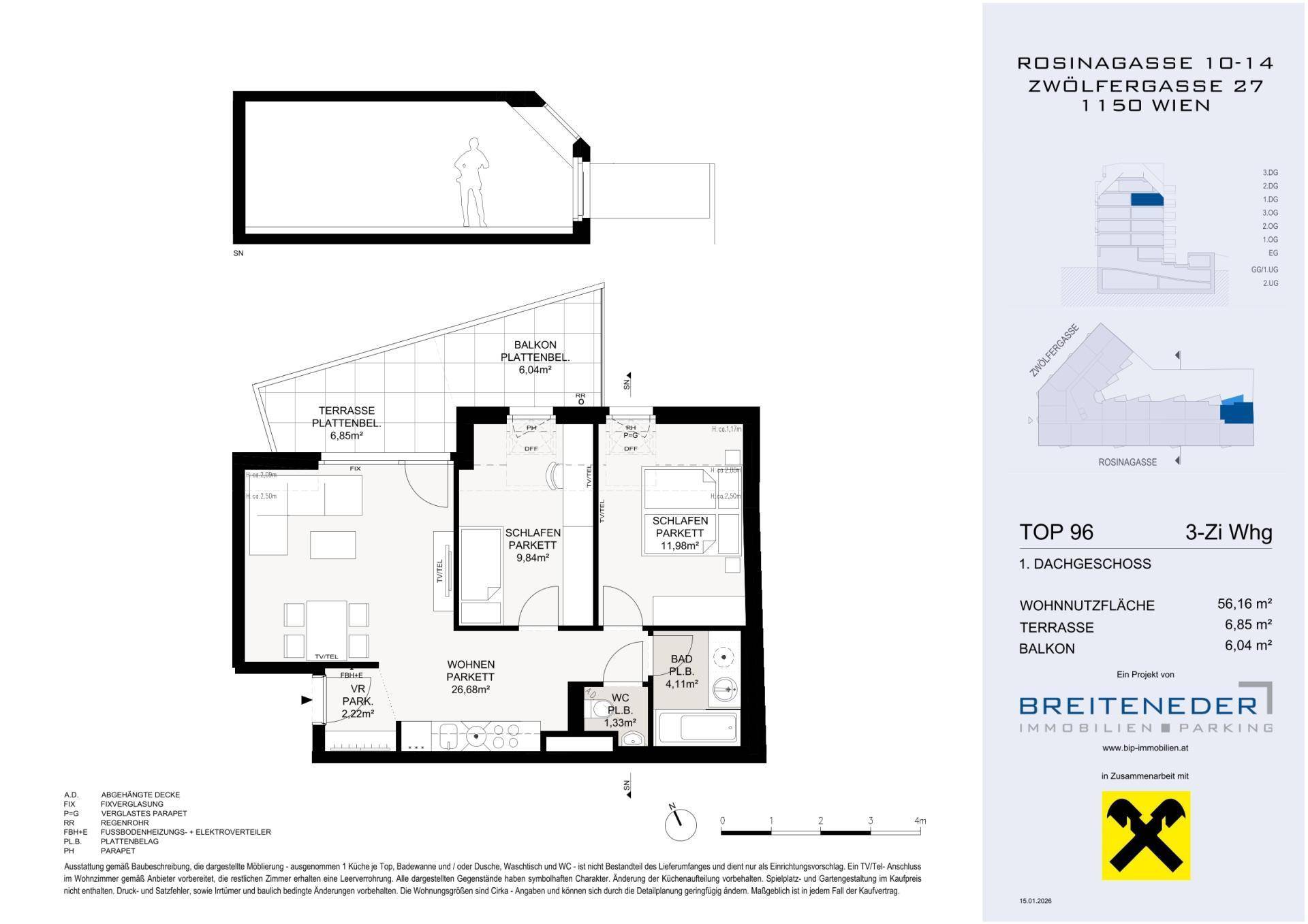 Grundriss einer 3-Zimmer-Wohnung mit Balkon, Terrasse und offenem Wohnbereich.