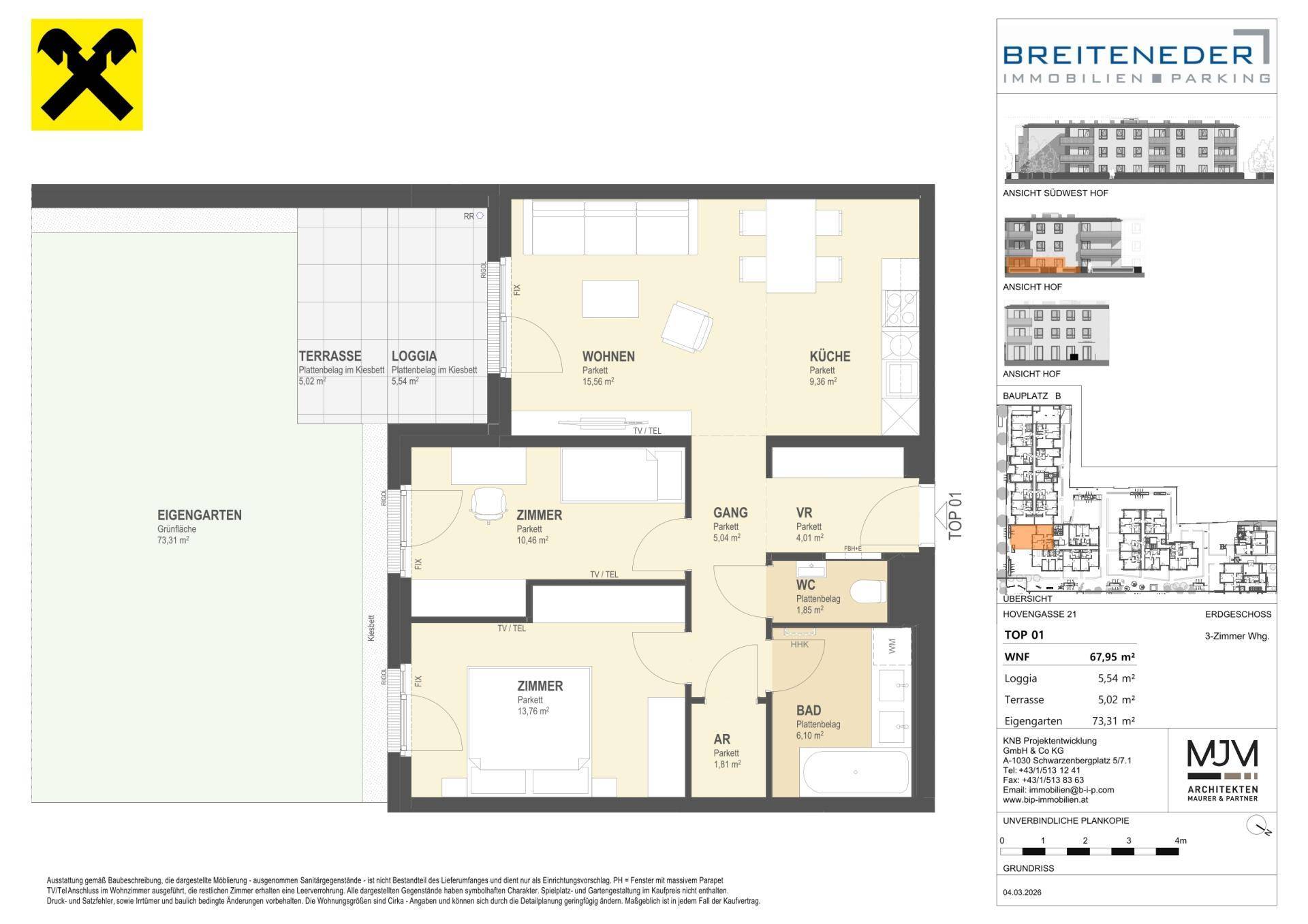 Detaillierter Grundriss einer Wohnung mit Terrasse, Loggia und eigenem Gartenanteil.