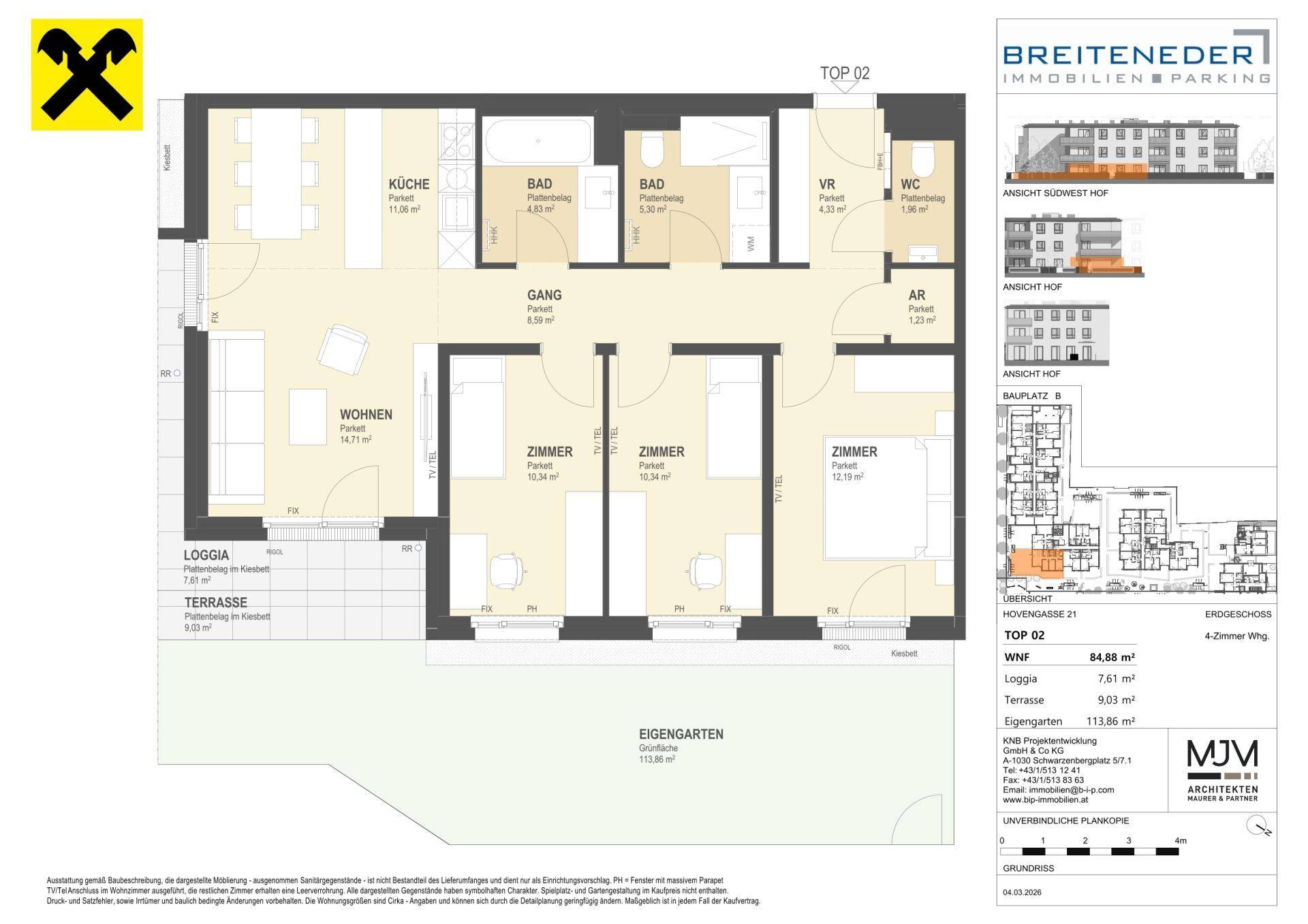 Detaillierter Grundriss einer 4-Zimmer-Wohnung mit Loggia, Terrasse und eigenem Garten.