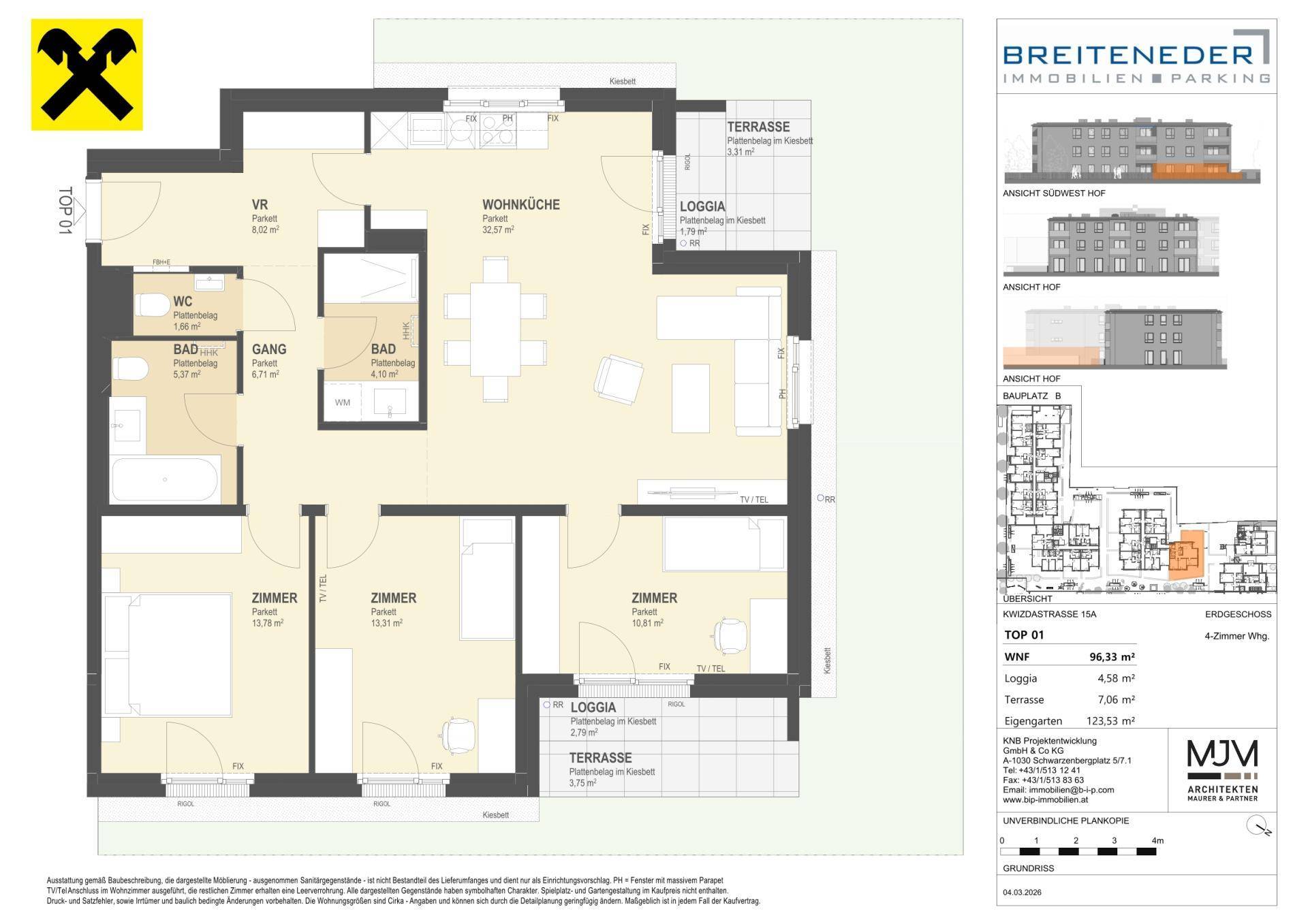 Detaillierter Grundriss einer 4-Zimmer-Wohnung mit Loggia und Terrasse.