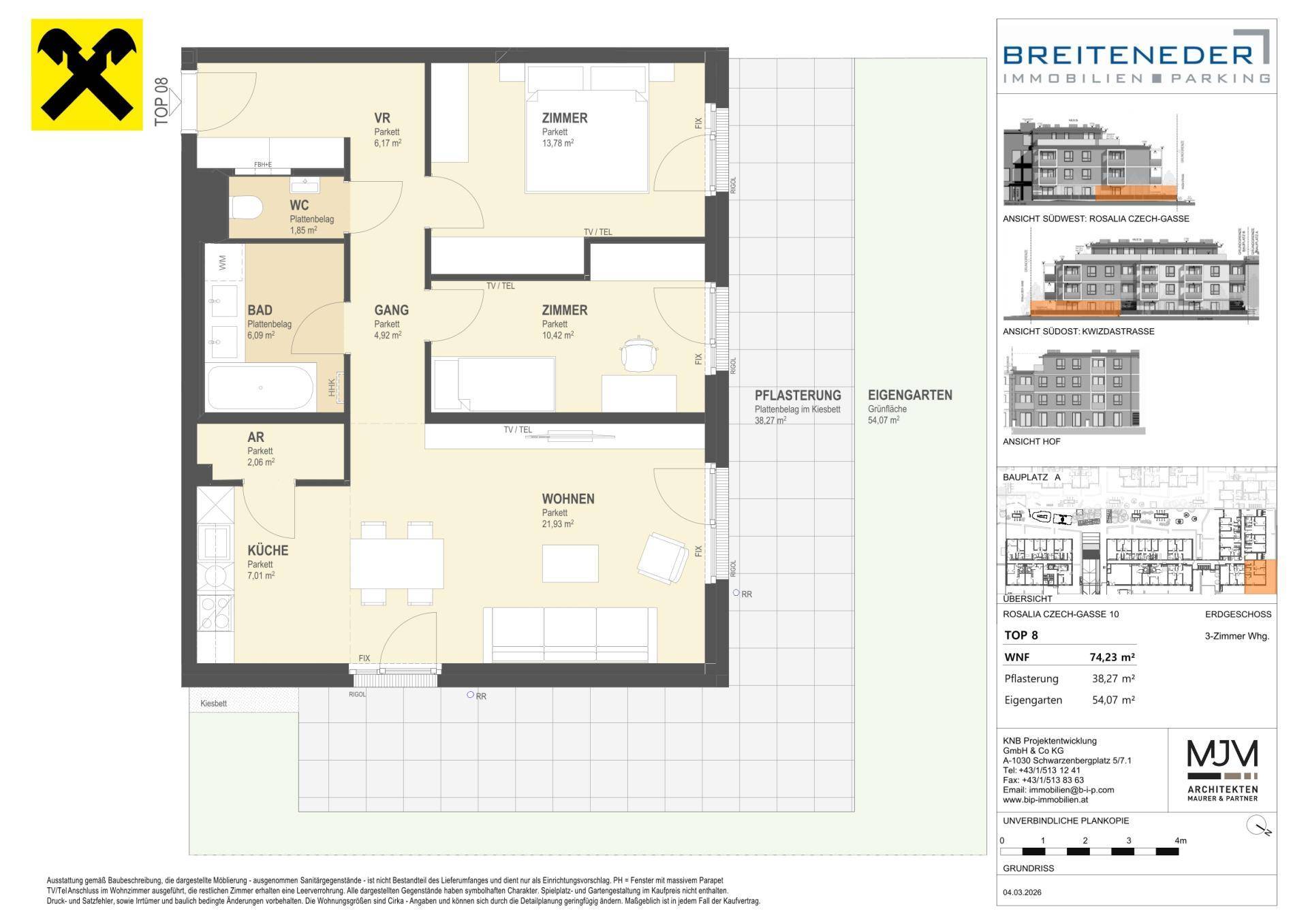 Detaillierter Grundriss einer Wohnung mit drei Zimmern, Küche, Bad und eigenem Garten.