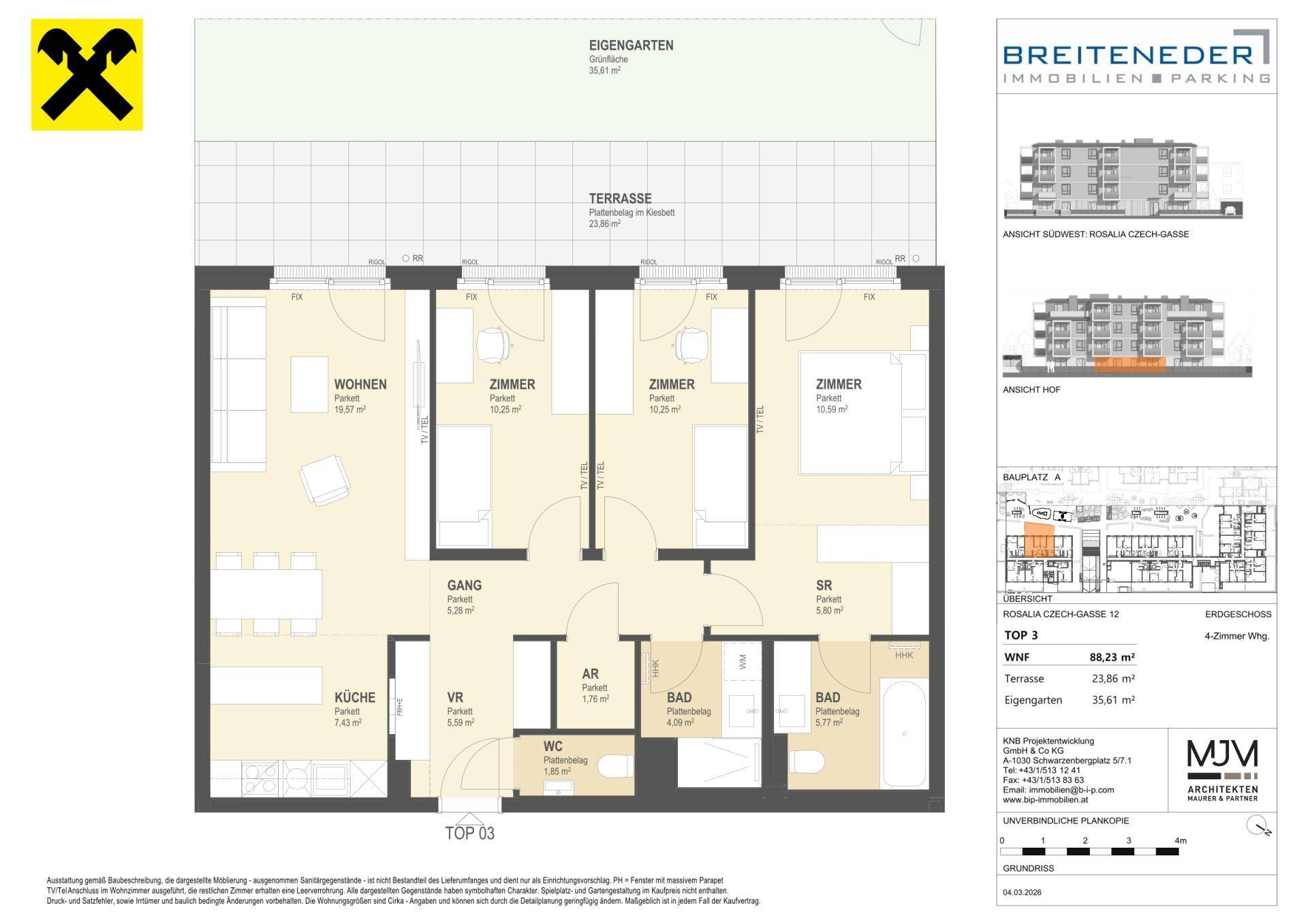 Detaillierter Grundriss einer 4-Zimmer-Wohnung mit Terrasse und Eigengarten.