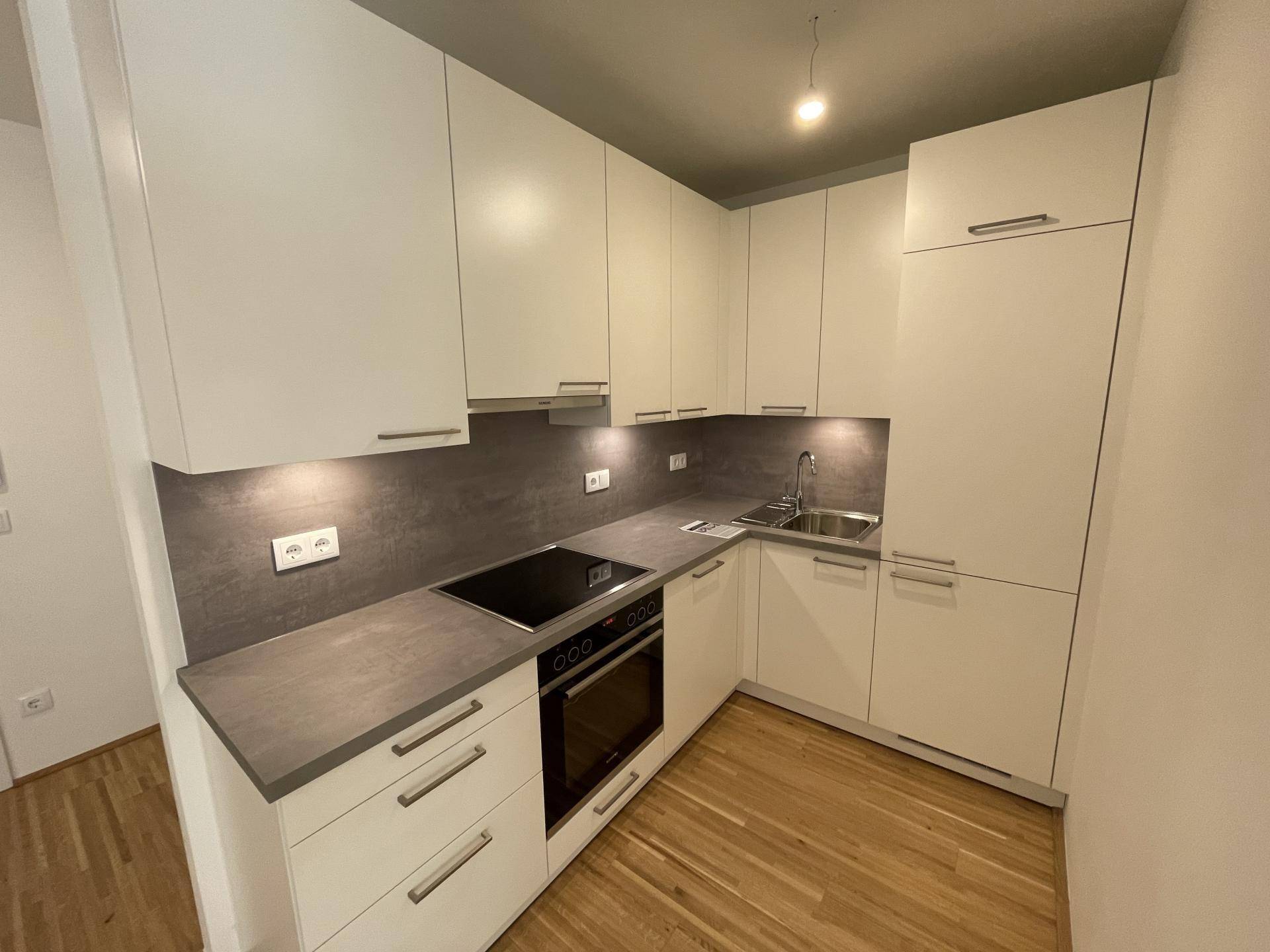 Moderne Einbauküche mit weißen Schränken, dunkler Arbeitsplatte und integrierten Geräten.
