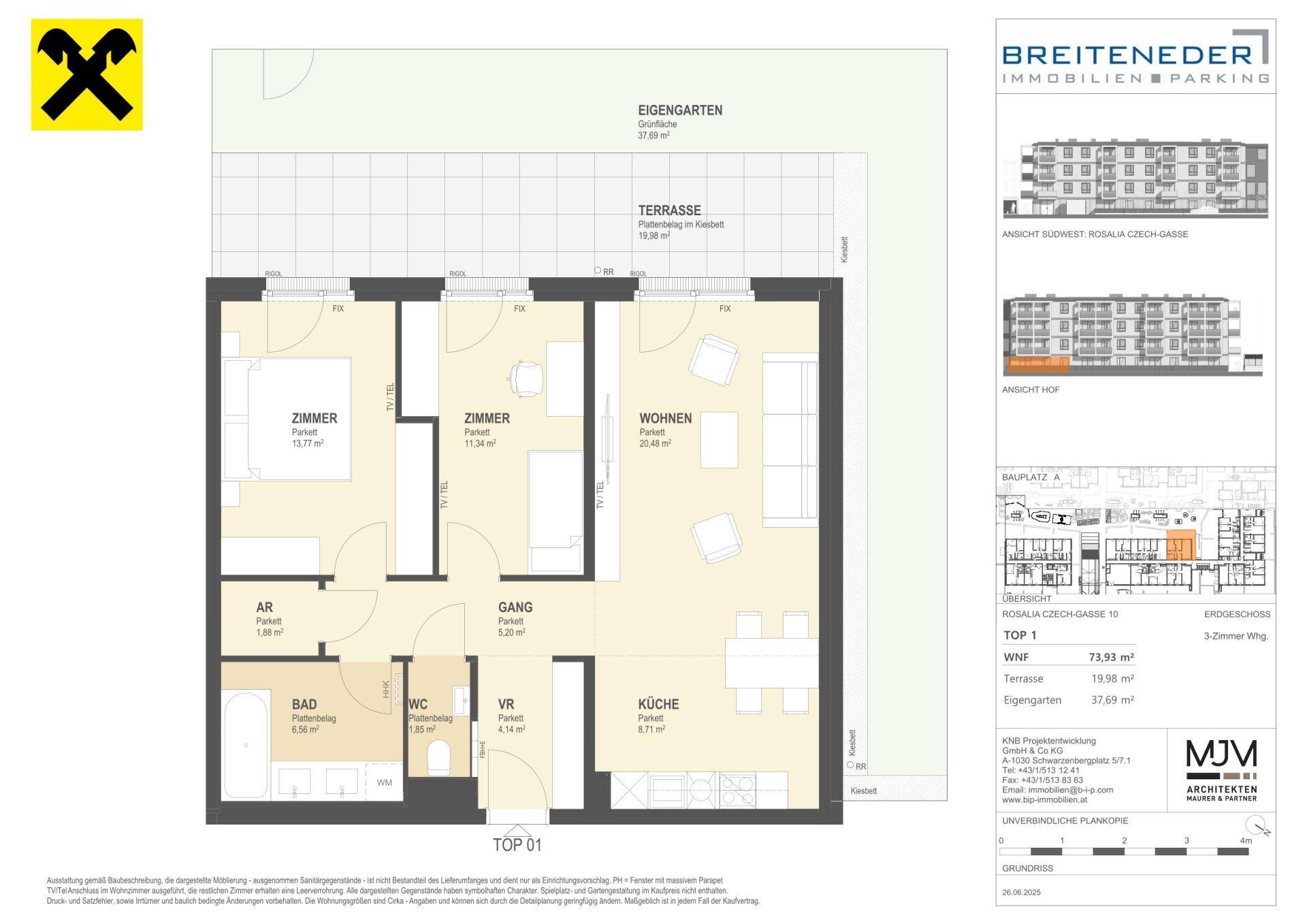 Grundriss einer 3-Zimmer-Wohnung mit Terrasse und eigenem Gartenanteil.