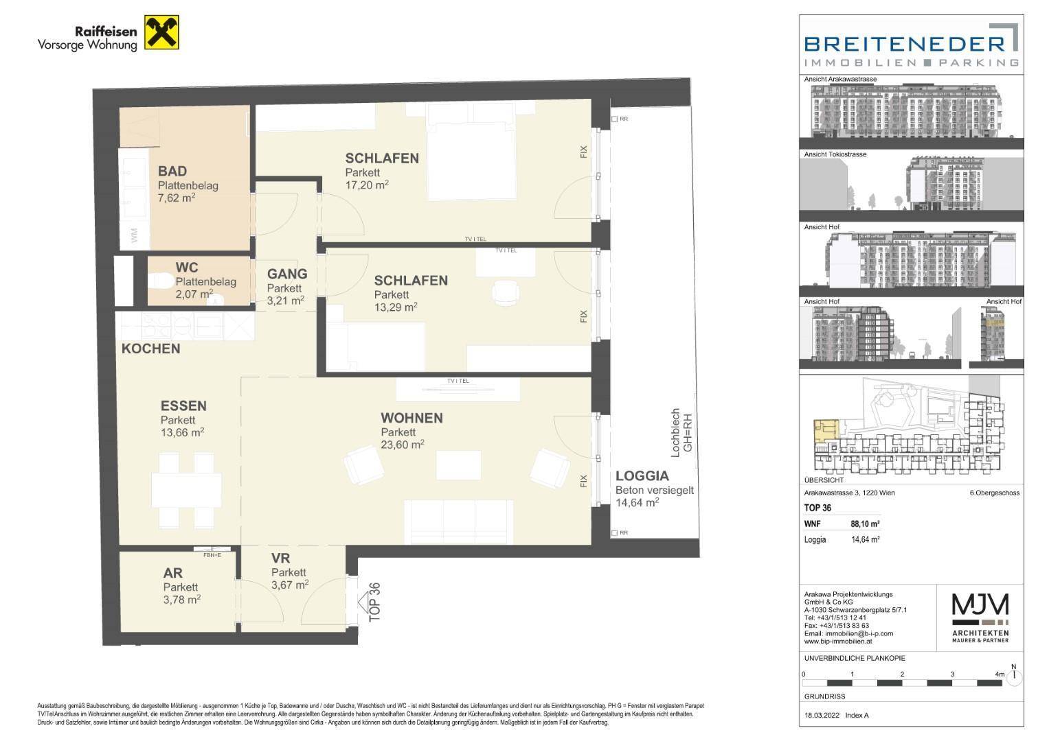 Detaillierter Grundriss einer Wohnung mit drei Schlafzimmern und Loggia.