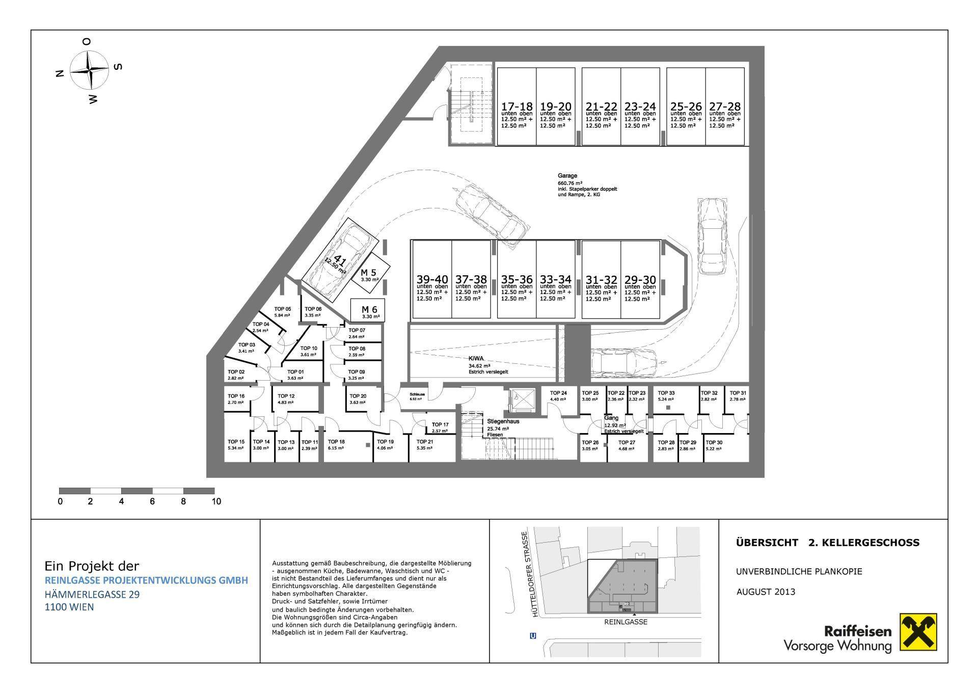 Grundriss des zweiten Kellergeschosses mit weiteren Tiefgaragenstellplätzen und Lagerräumen.
