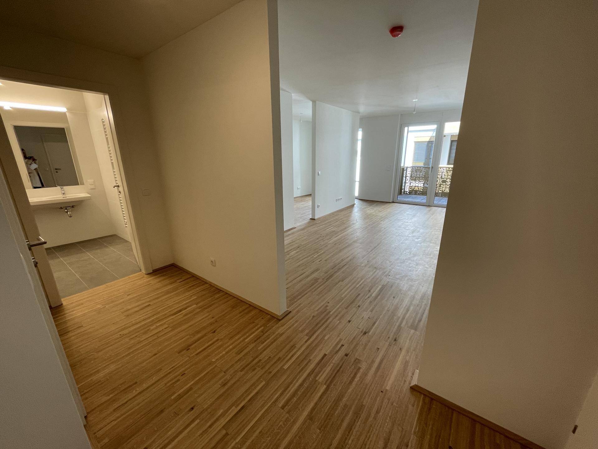 Heller Flurbereich mit Parkettboden, der zum Badezimmer und zum Wohnbereich führt.