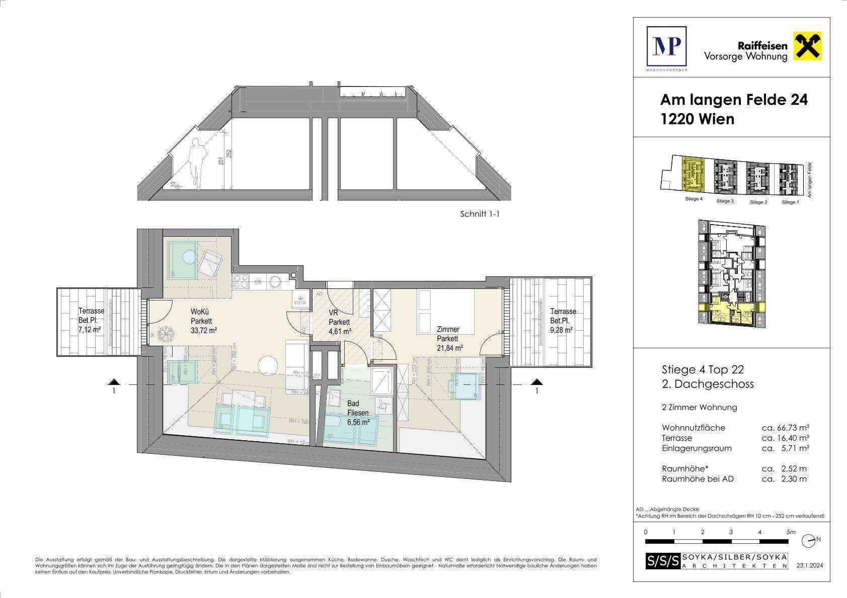 Grundriss einer 2-Zimmer-Wohnung im Dachgeschoss mit zwei Terrassen und offenem Wohnbereich.