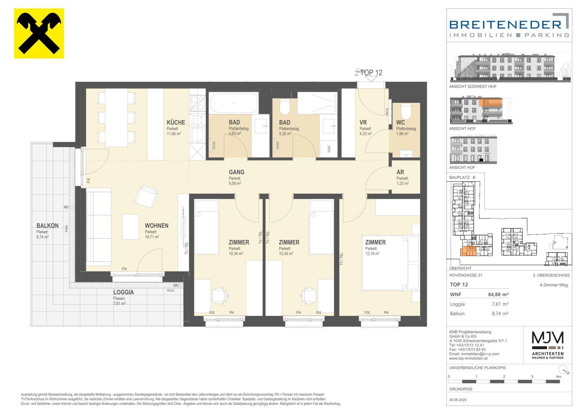 Detaillierter Grundriss einer 4-Zimmer-Wohnung mit Loggia und Balkon.