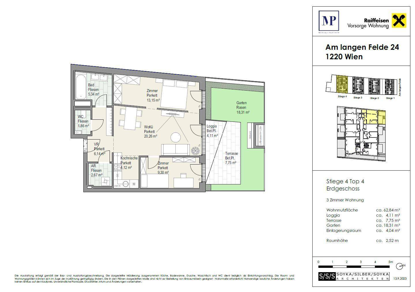 Übersichtlicher Grundriss einer Wohnung mit drei Zimmern, Loggia, Terrasse und privatem Gartenanteil.